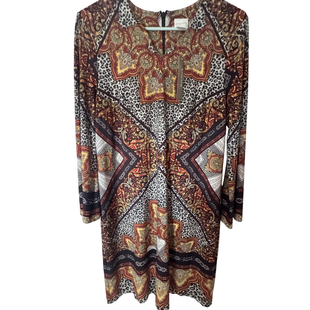 Chicos Animal Paisley Medallion Short Dress Size 1 NWT Shift V-Neck